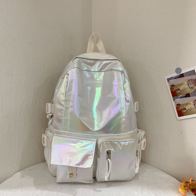 Backpack Leather Buckled Holographic Faux