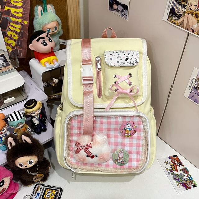 Ribbon Gingham Panel PVC Nylon Backpack Buckled