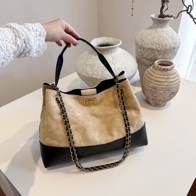 Tote Suede Faux Bag Quilted Crossbody Chain Strap