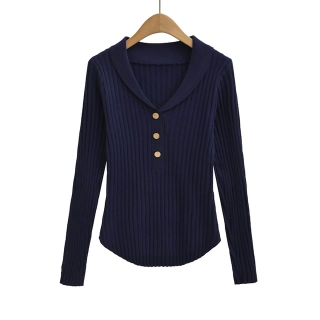Ribbed Knit Henley Collared Long-Sleeved Top