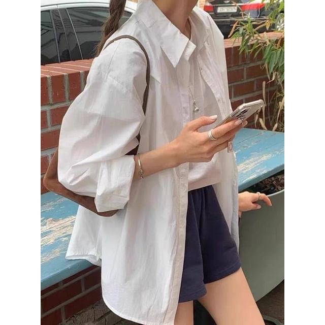 Oversized Plain Button-Up Long-Sleeved Shirt