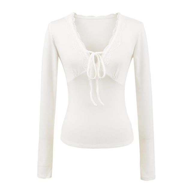 Lace-Trim Plain V-Neck Long-Sleeved Tee