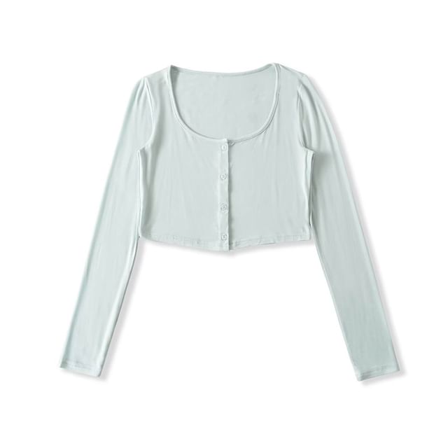 Plain Button-Up Square Neck Long-Sleeved Crop Tee