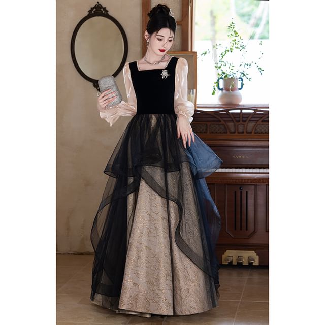 Panel A-Line Pearl Overlay Square Gown Trim (Various Jacquard Mesh Neck Faux Designs) Evening