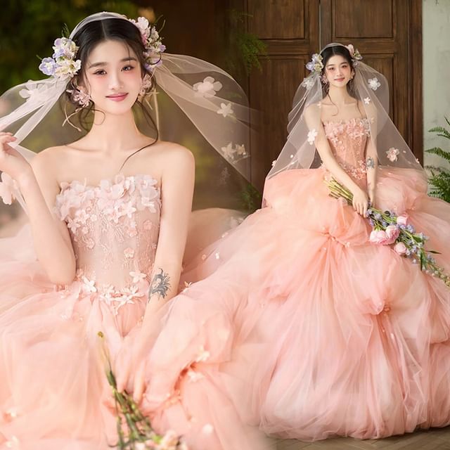 Plain Set / Veil Ball Gown Floral Strapless