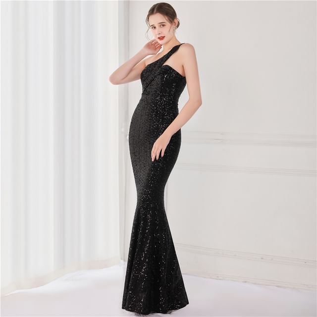 Mermaid Sleeveless Evening Gown One-Shoulder Sequin