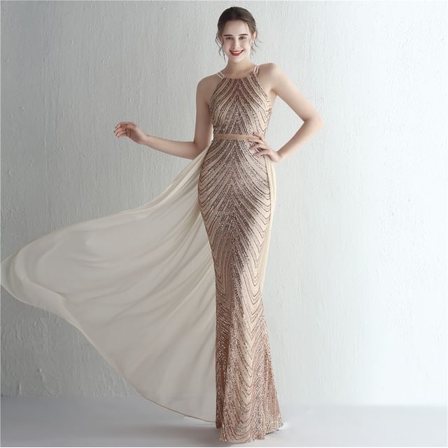 Strap Evening Gown Sheath Spaghetti Sequin