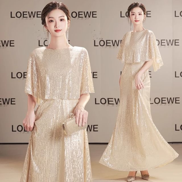 Sleeve Gown Sequin Round Neck Plain Evening A-Line Panel Cape