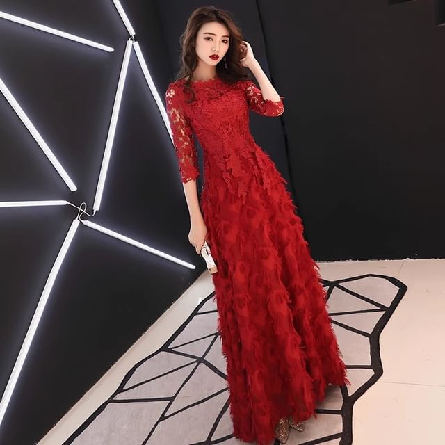 Gown Midi Dress A-Line Panel Fringe Evening Cocktail Round Lace / Plain 3/4 Sleeve Neck