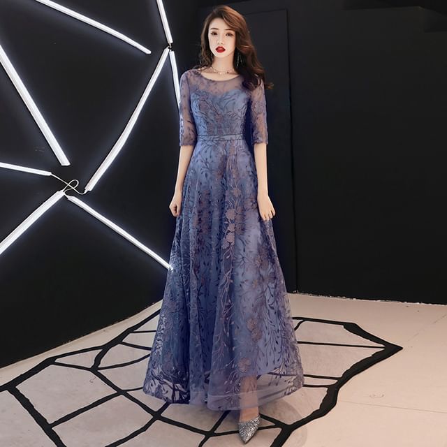 Dress A-Line Lace / Gown Elbow-Sleeve High Evening Low