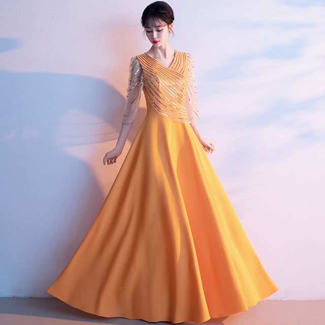 Gown A-Line V-Neck Sequin Evening 3/4-Sleeve