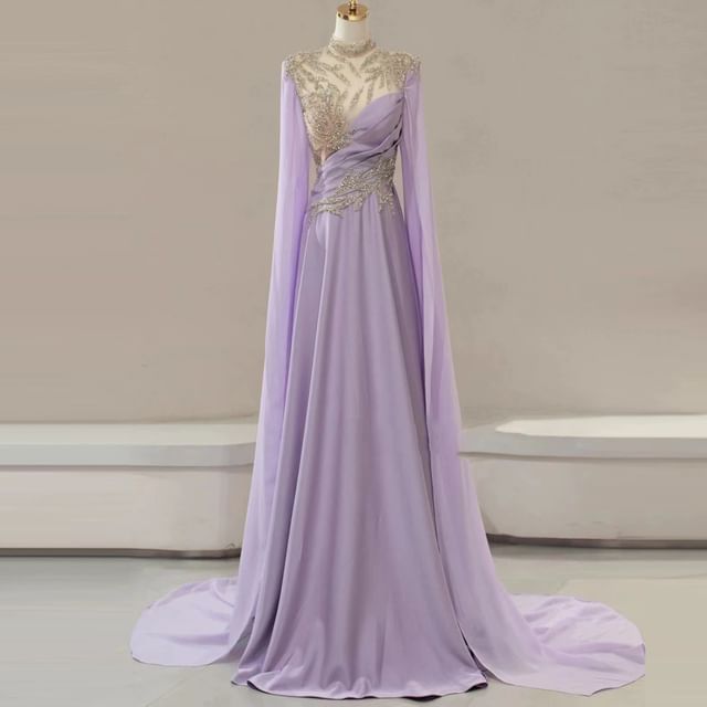 Cape-Sleeve Sequin Panel A-Line Evening Gown