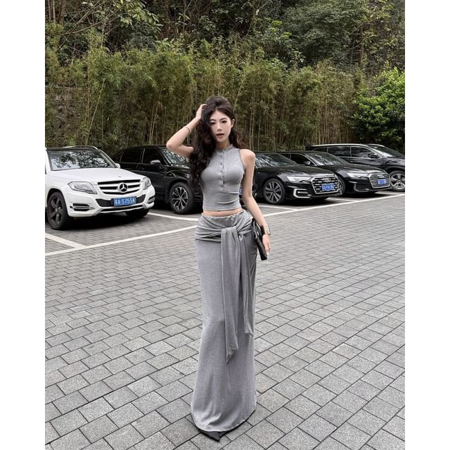 Mock Neck Half Button Crop Tank & Mermaid Skirt