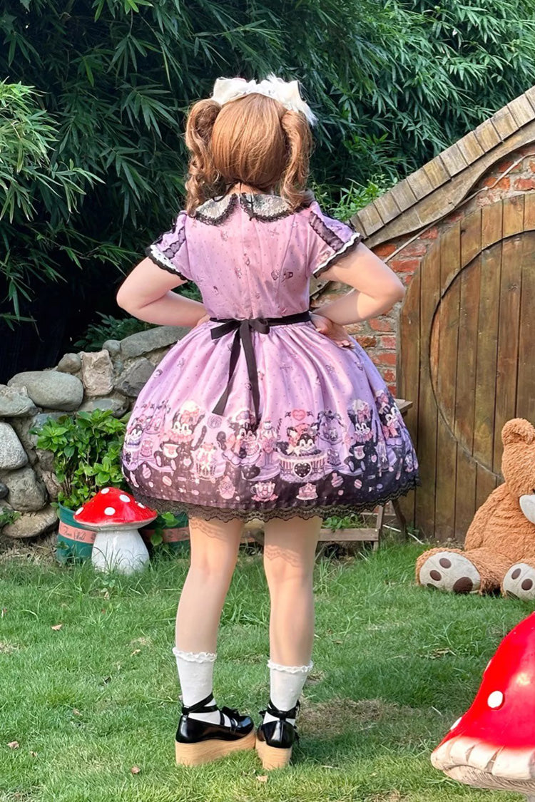 Devil Cat Violet Print Ruffle Bowknot Lace Gothic OP Dress Plus Size - Devil Cat