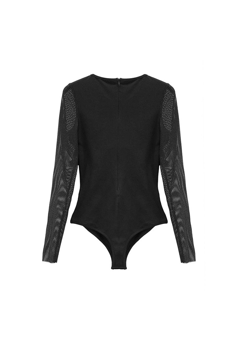 Punk T-Shirt with Leather Loops Mesh Sleeve Connecting Crotch