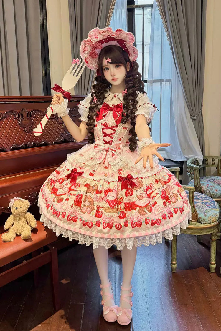 Red/Pink Sweet Lolita JSK Dress Printed Bow Lace Lace-Up - Sweet Berry Bunny Bear