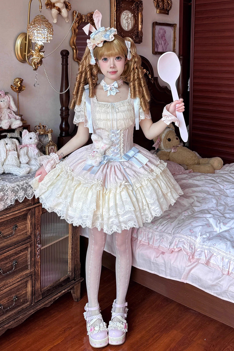 Goodnight Alice Sleeveless Ruffled Bow Lace-Up Sweet Lolita Jumper Dress Three Colors