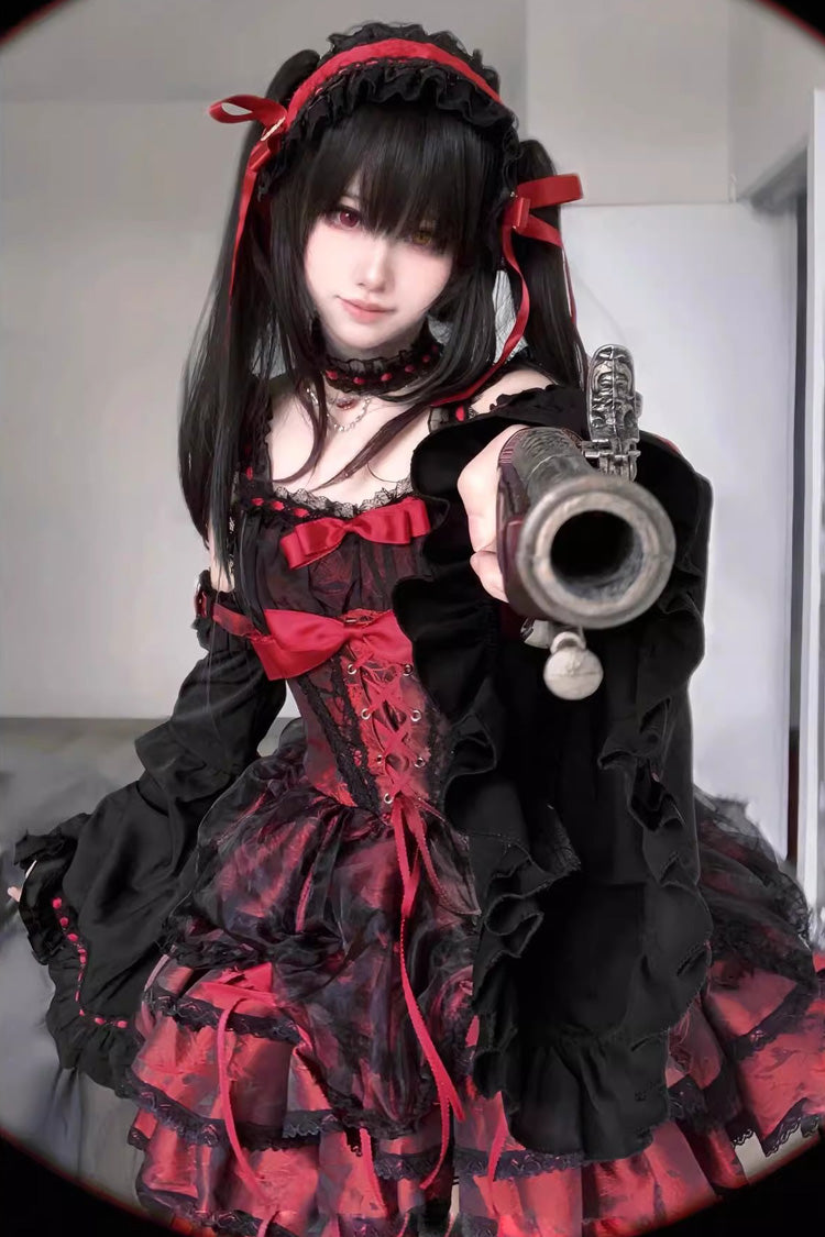 Black Red Sleeveless Multi-Layer Ruffled Lace-Up Gothic Jsk Dress