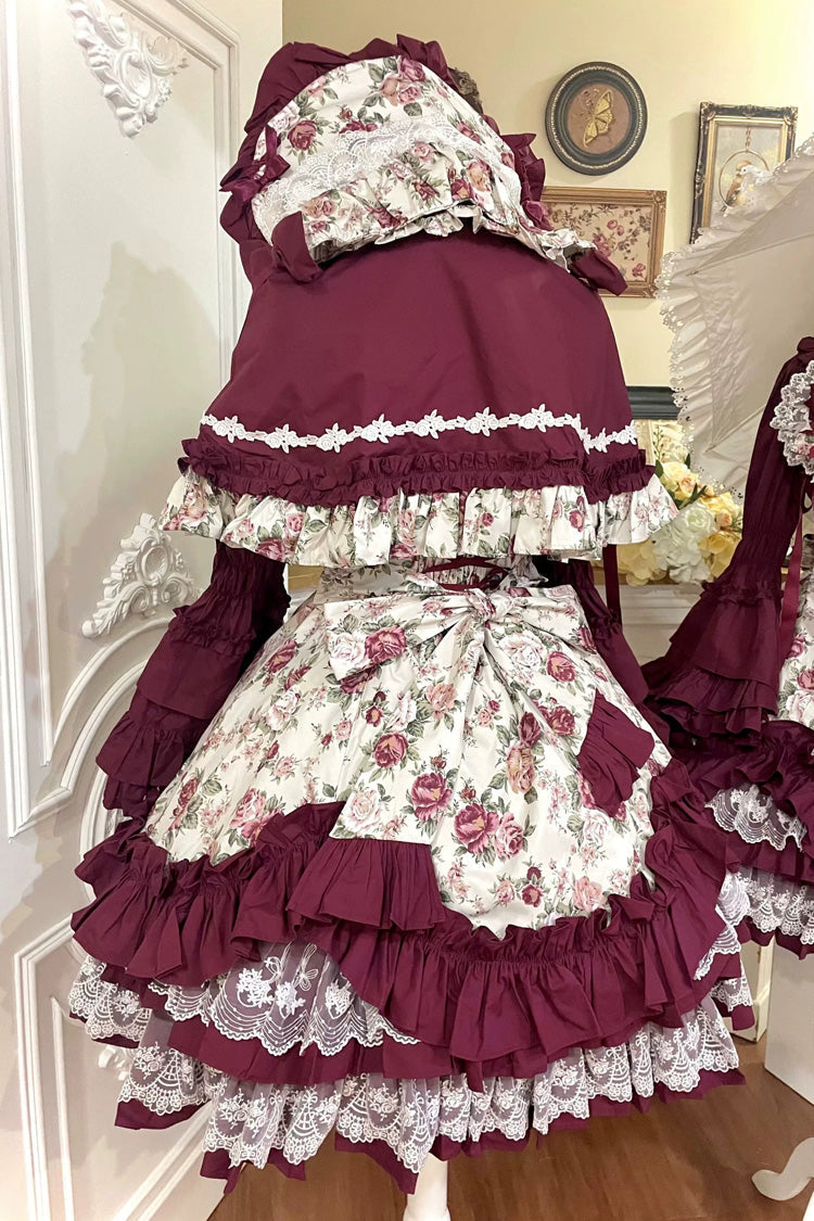Burgundy Off-Shoulder JSK Dress with Ruffled Lace