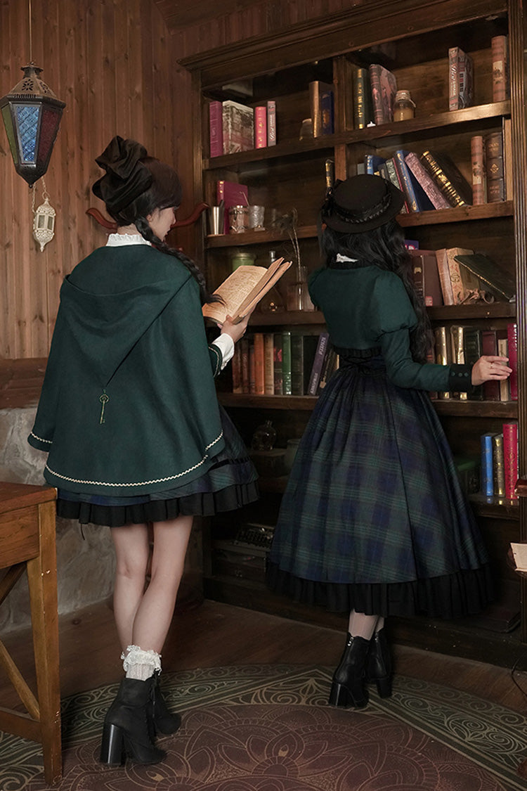 Blue Green Berlin Letter Double-Layered Plaid Print Ruffle Bowknot Classic College Style Lolita Strap Dress Set