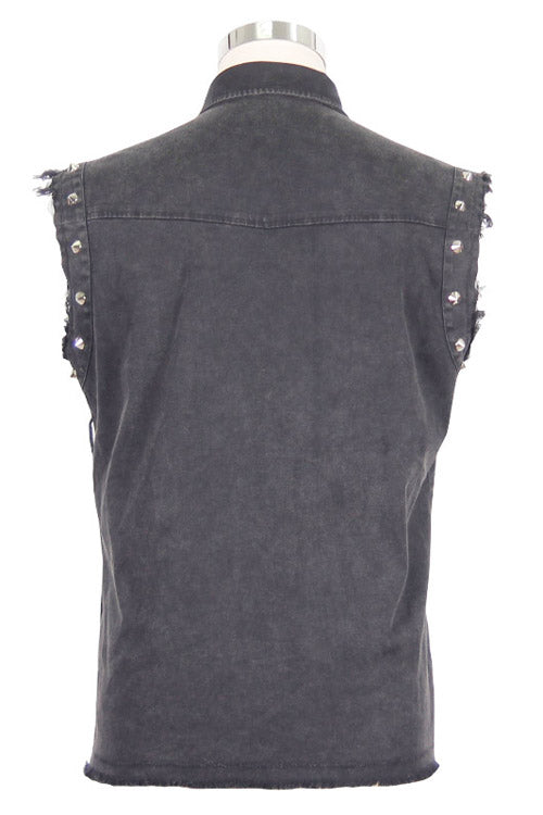 Sleeveless Punk Blouse with Frayed Hem for Men in Black