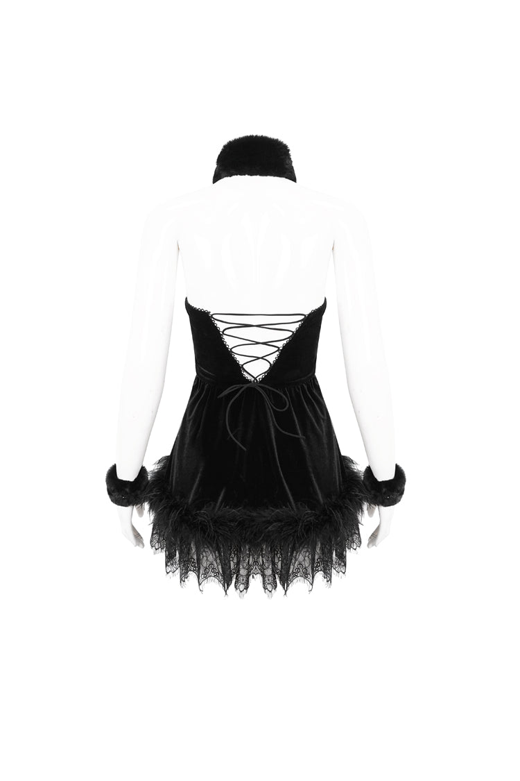 Plush Black Fluffy Splice Velvet Halter Gothic Dress