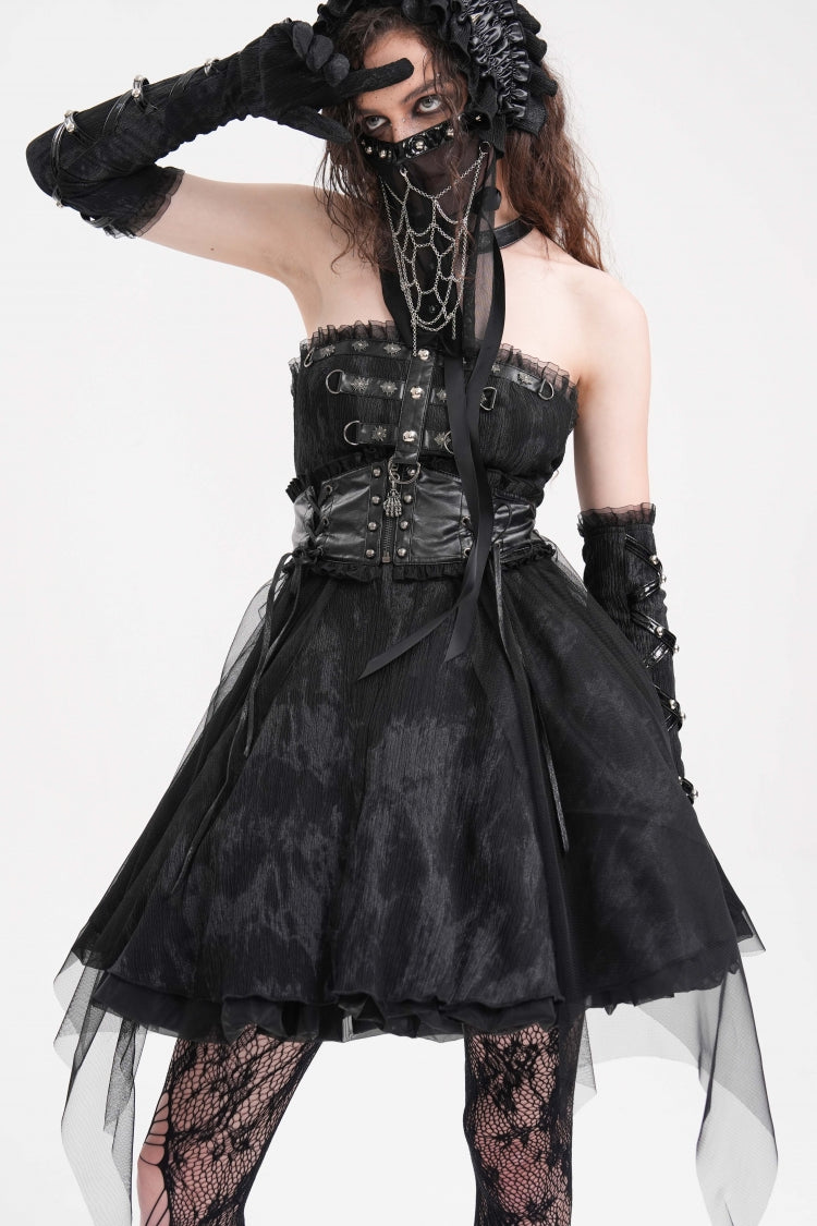 Gothic A-Line Short Gown with Backless Halterneck Cut
