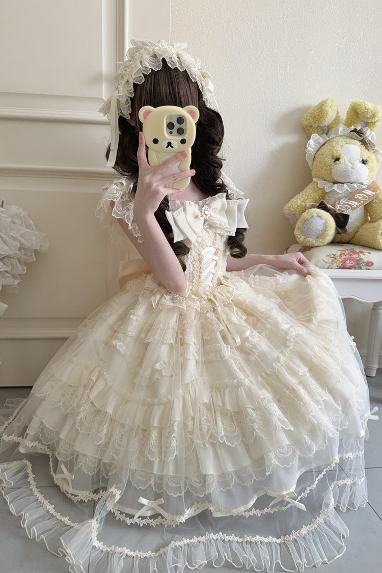 Elegant Apricot Sleeveless Tiered Ruffle Lace-Up Bow Sweet Lolita JSK Gown