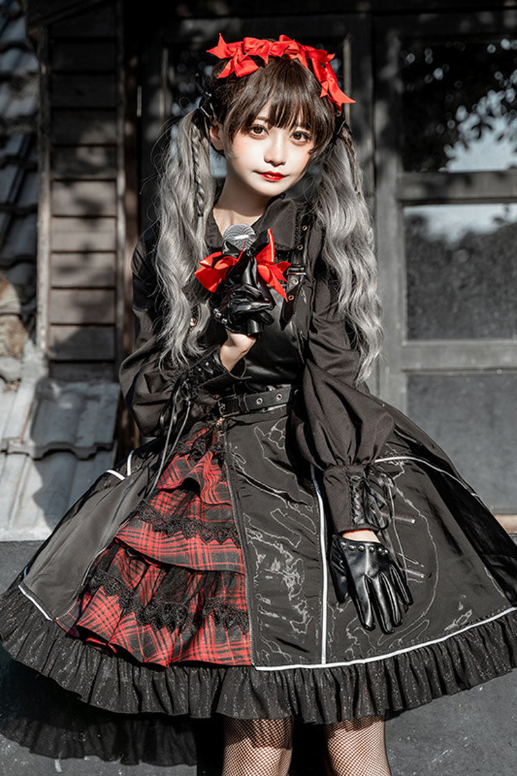 Black Gothic Lolita Jsk Dress Stitching Zipper Cardigan Ruffled - Altfashion Shop