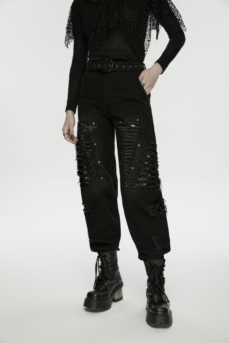 Decadent Denim Pants with Rips and Eyelets for Women