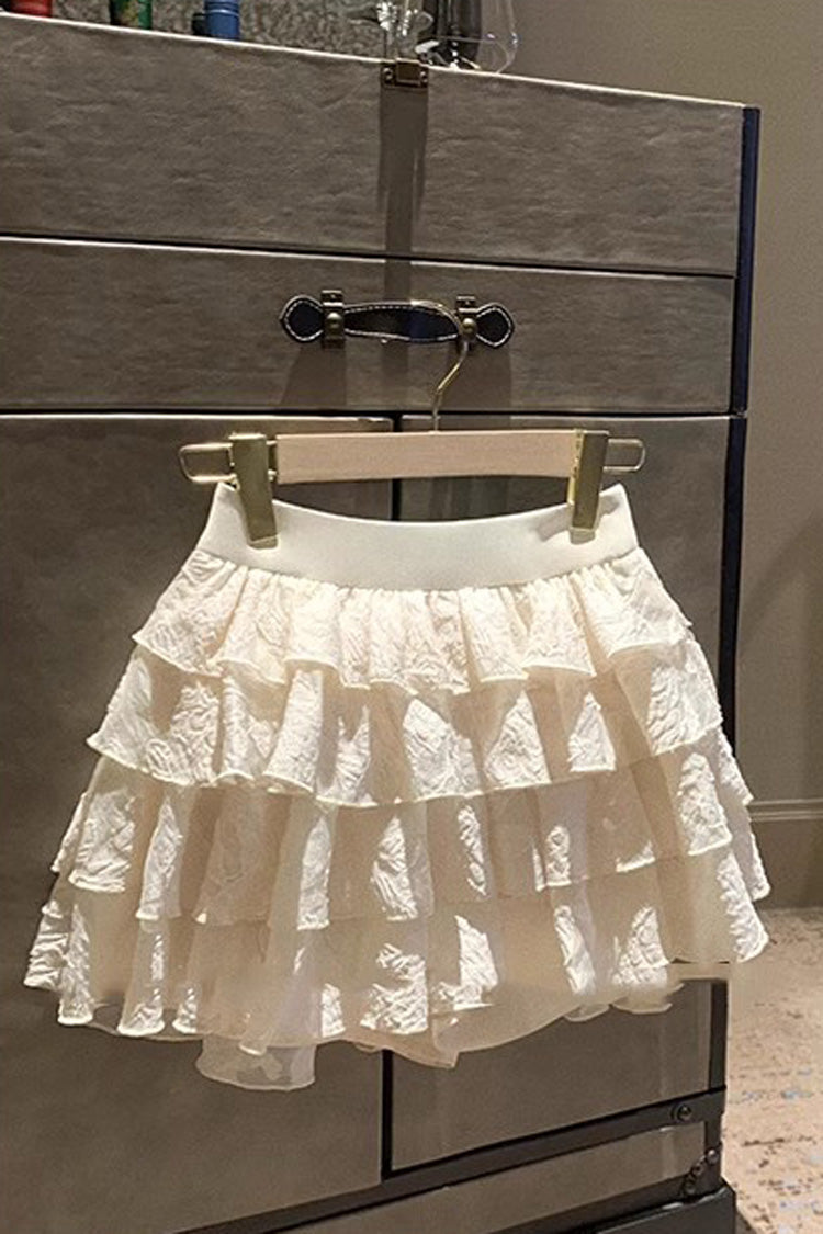 Apricot Multi-Layer Printed Embroidered Bow Sweet Vintage Lolita Skirt