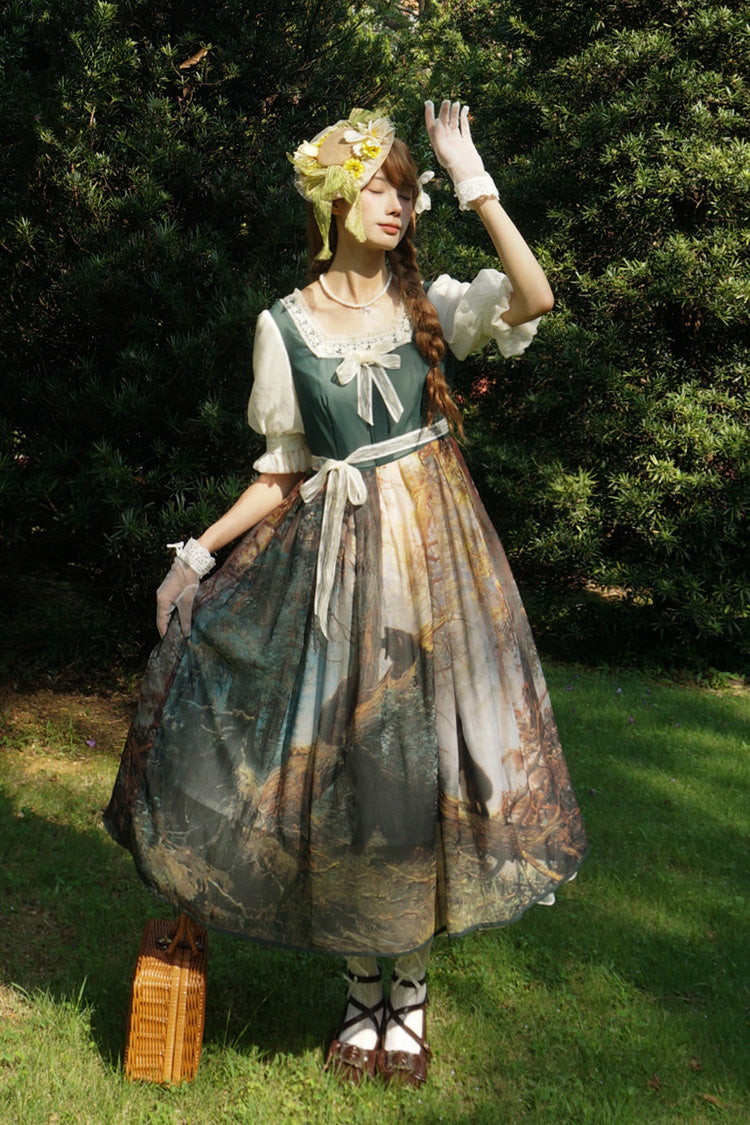 Oil Painting Square-Collar Lolita Dress with Tie-Dye Print
