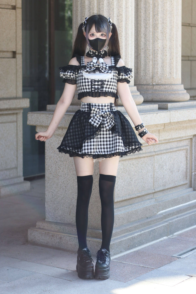 Jirai Kei Skirt Set with Plaid Print and Lace-Up Front - Night Rabbit Dream, Short Sleeves