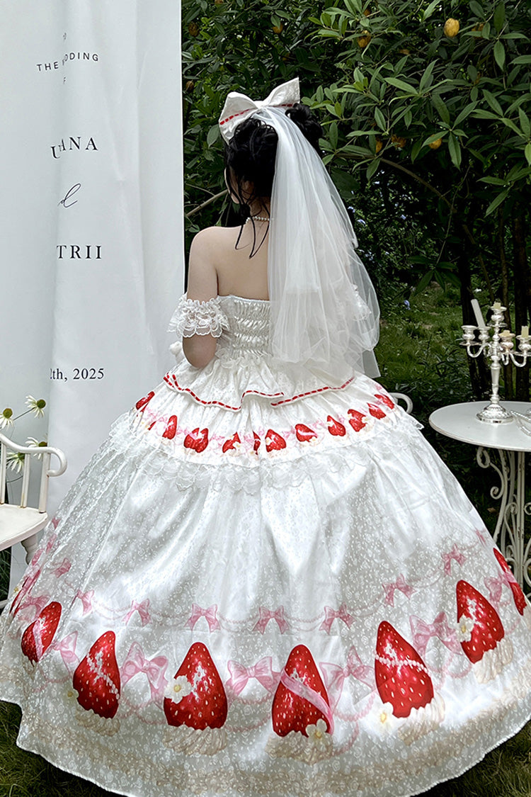 Ivory Off-Shoulder Strawberry Print Dress Set with Ruffles - True Love Strawberry