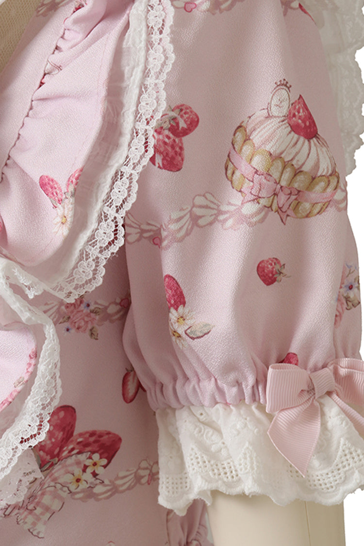 Pink Creamy Berry Print Puff Sleeve Ruffle Bow Lace-Up Sweet Jirai Kei Dress