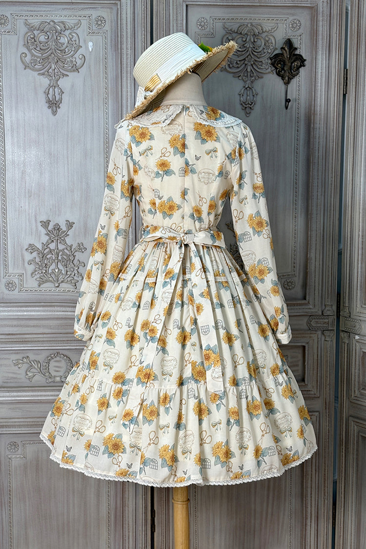 Apricot Sweet Elegant Lolita Dress with Long Sleeves Print Ruffles and Bowknot Accents