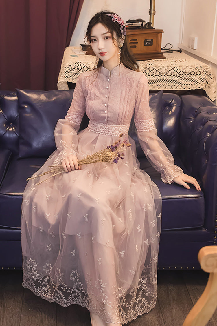 Purple Lolita OP Dress with Lantern Sleeves, Lace Embroidery, Slimming