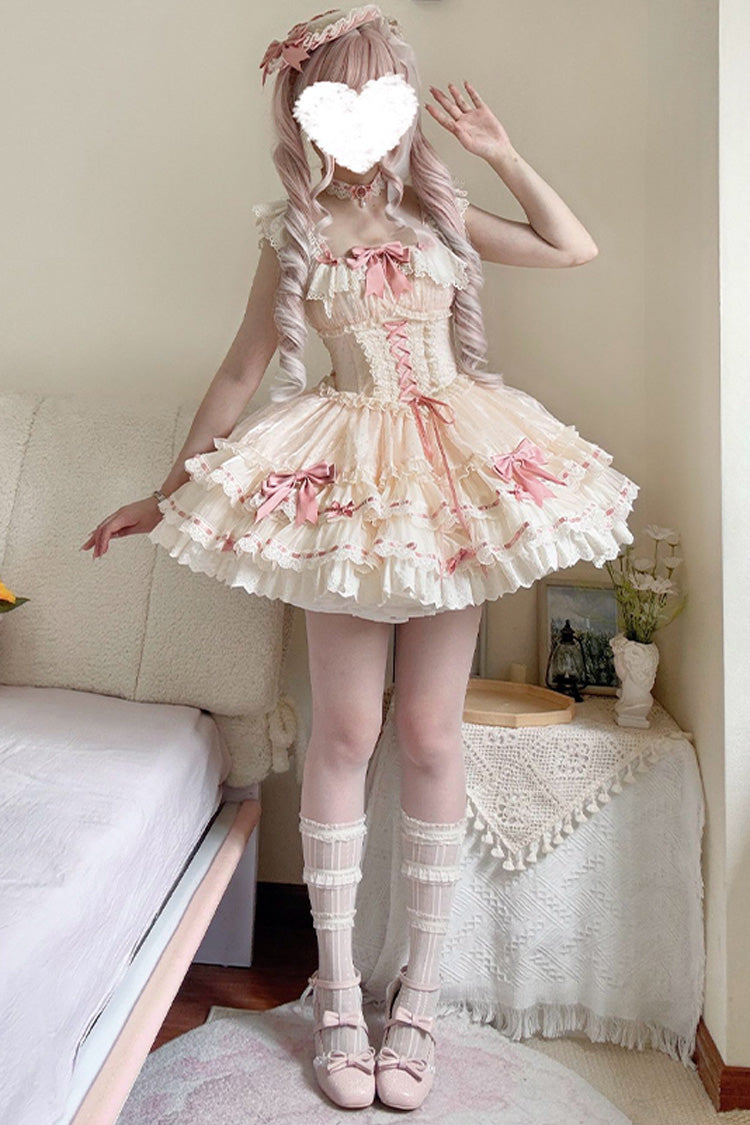 Apricot Sweet Ballet Lolita JSK Dress with Double-Layer Ruffles Bowknot Lace-Up and Lace