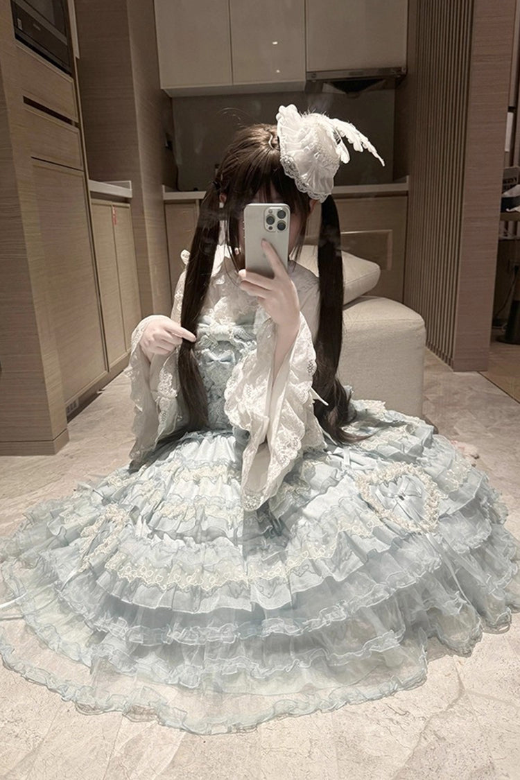 Blue Multi-Layered Ruffled Hanayome Embroidered Bow Lace Sweet JSK - Sweetheart Diary