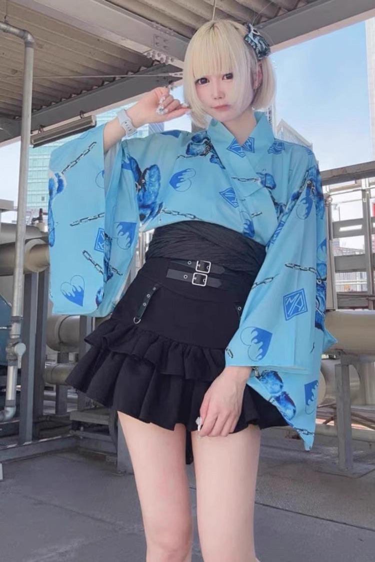 Black High Waist Ruffle Leather Buckle Gothic Jirai Kei Skirt