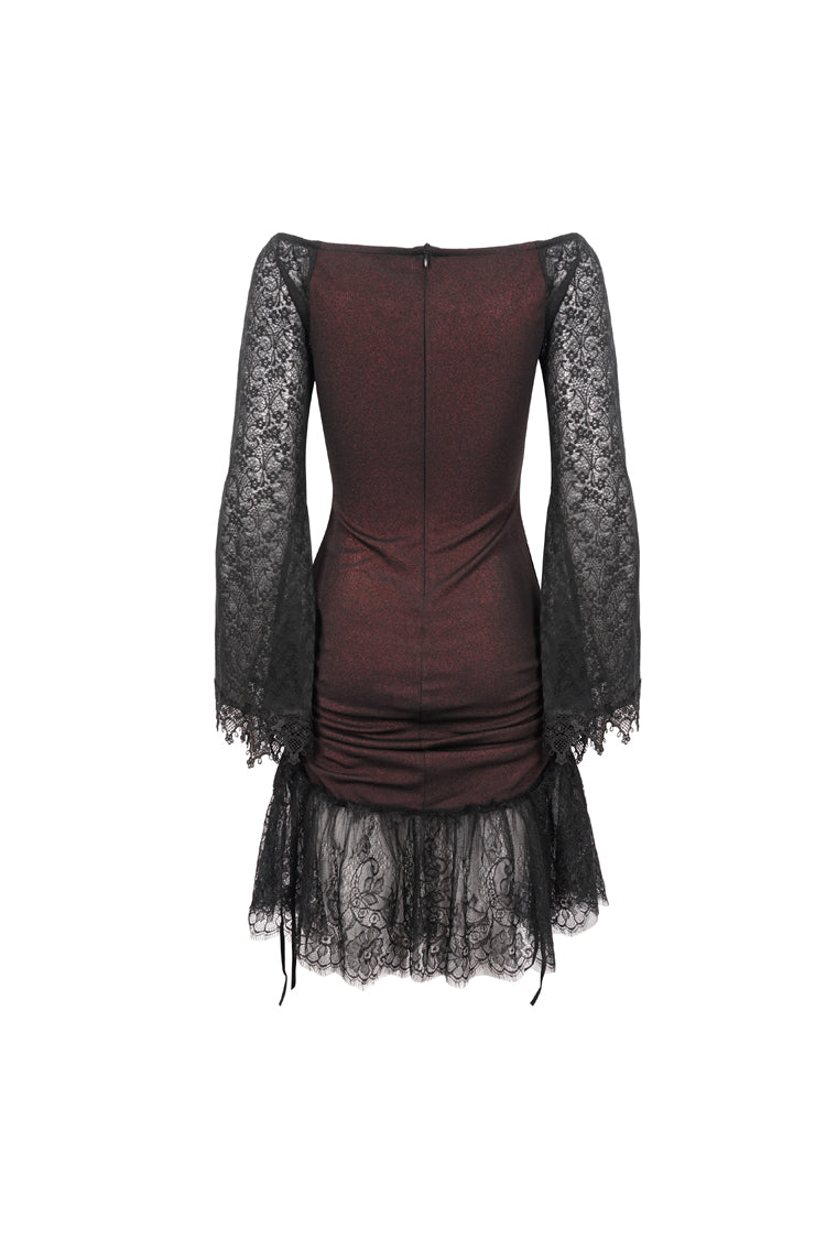 Red Textured One-Shoulder Lace Bell Sleeve Gothic Dress