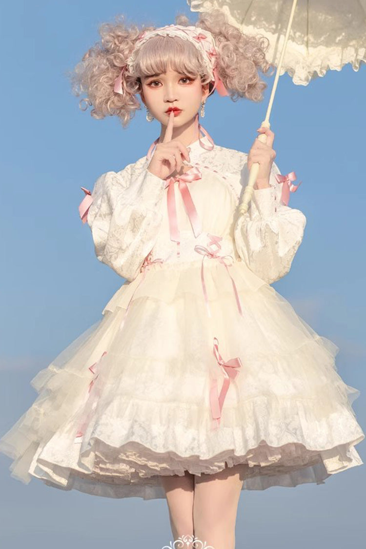 Love Song Long Sleeves Multi-Layered Jacquard Ruffle Bowknot Sweet Gothic Dress