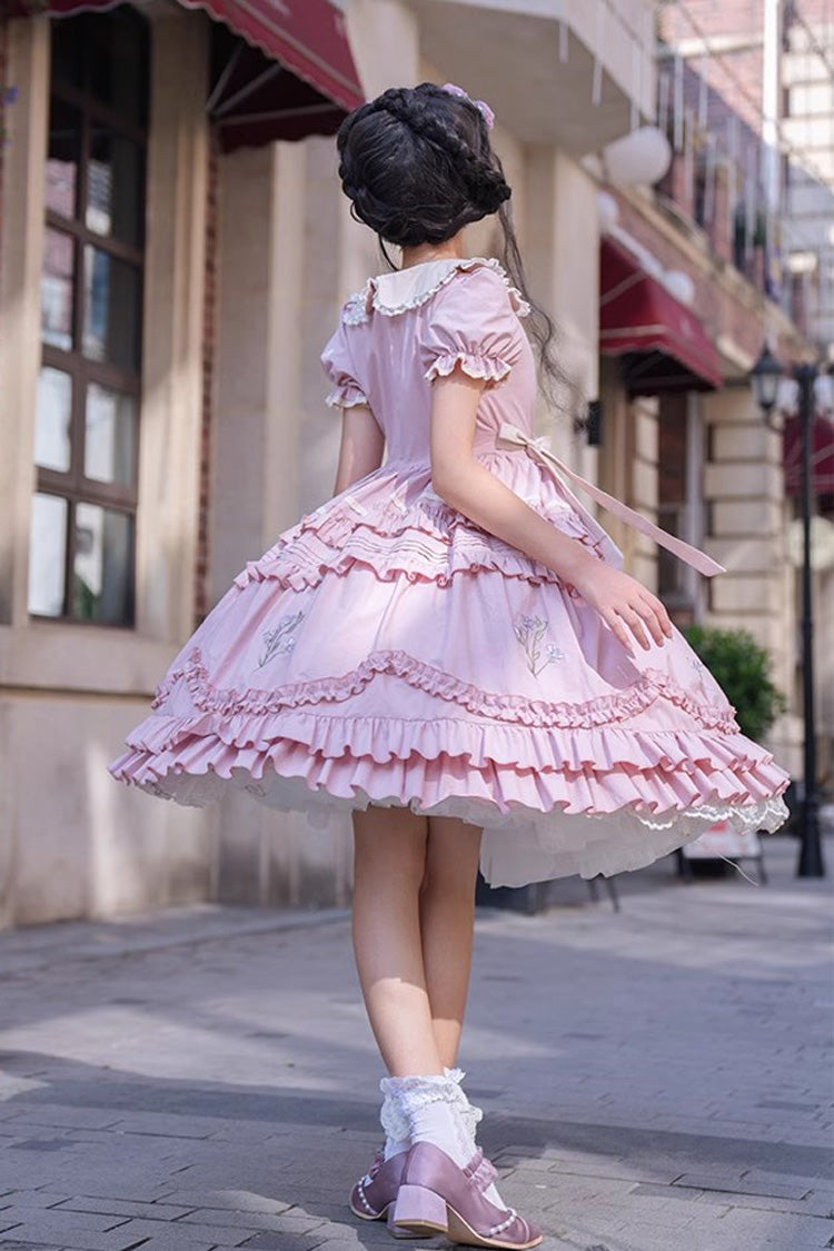 Pink Iris-Print Ruffled Dress with Short Sleeves and Embroidery