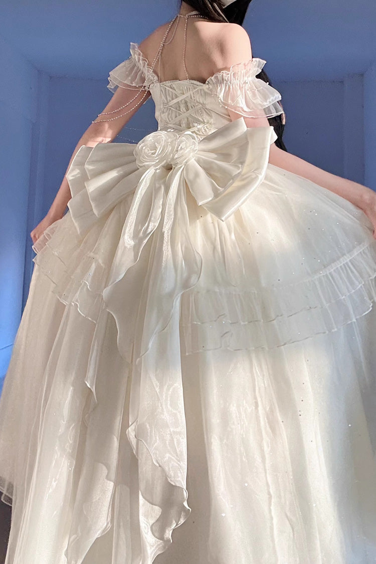 Elegant Apricot Off-Shoulder Ruffle Bow Asymmetric Princess Lolita Gown