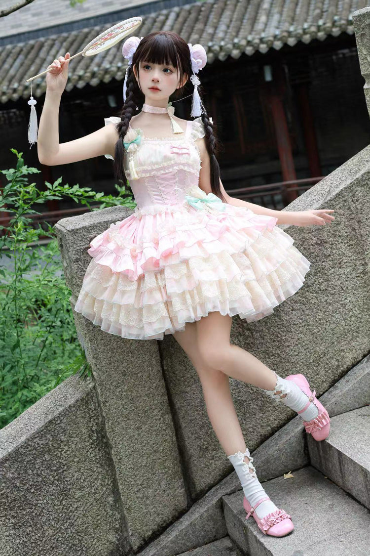 Ancient Poetry Printed Multi-Layer Sweet Lolita Tiered Dress - Chinese Style