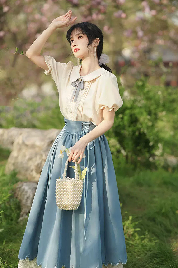 Lapel Collar Short-Sleeve High-Waisted Lace-Up Wave Hem Lolita Two-Piece Set, 7 Colors