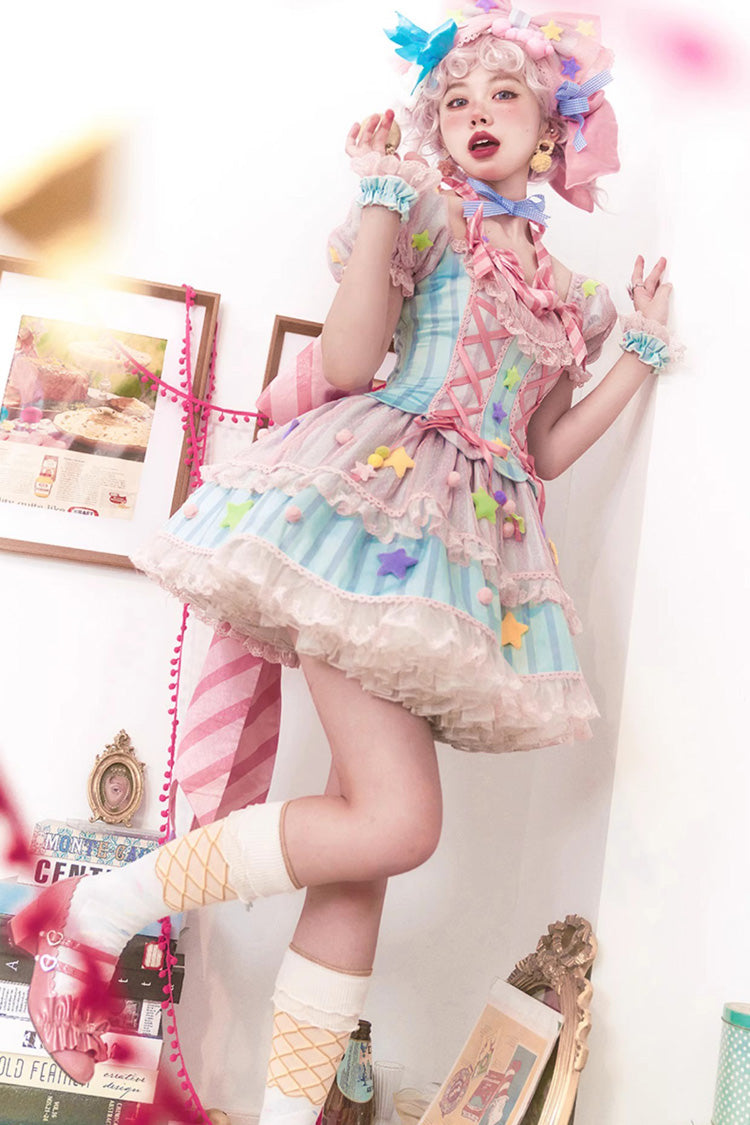 Pink Sugar Magic Print Ruffle Bow Lace Up Sweet Lolita Dress