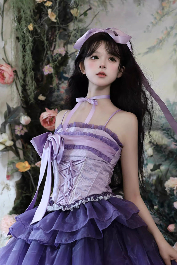 Violet Lily Valley Snow Sleeveless Triple Ruffled Bow Lace-Up Skirt Set