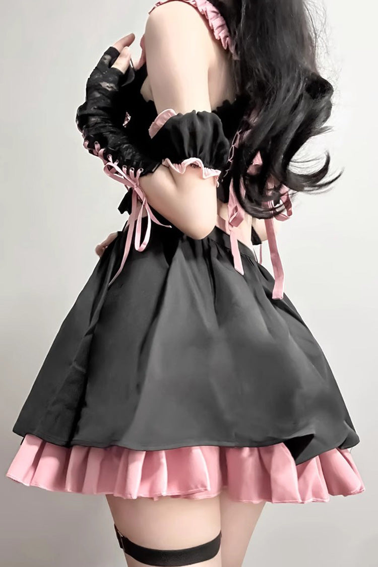 Black/Pink Tie Bow Gothic Sweet Strapless Two-Piece Dress Set - Sweet Lolita