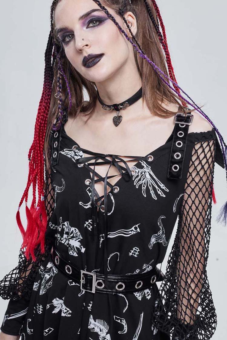 Knit Bone Print Sling Grommet Strap Long Sleeve Gothic Dress